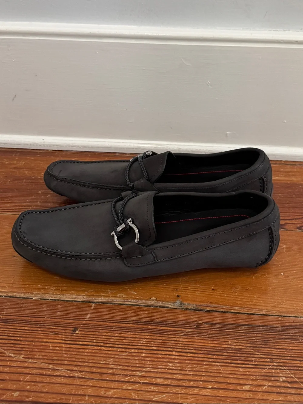 Salvatore Ferragamo Driver Loafers Ornament Gancini Detail Gray Nobuck Suede 7.5